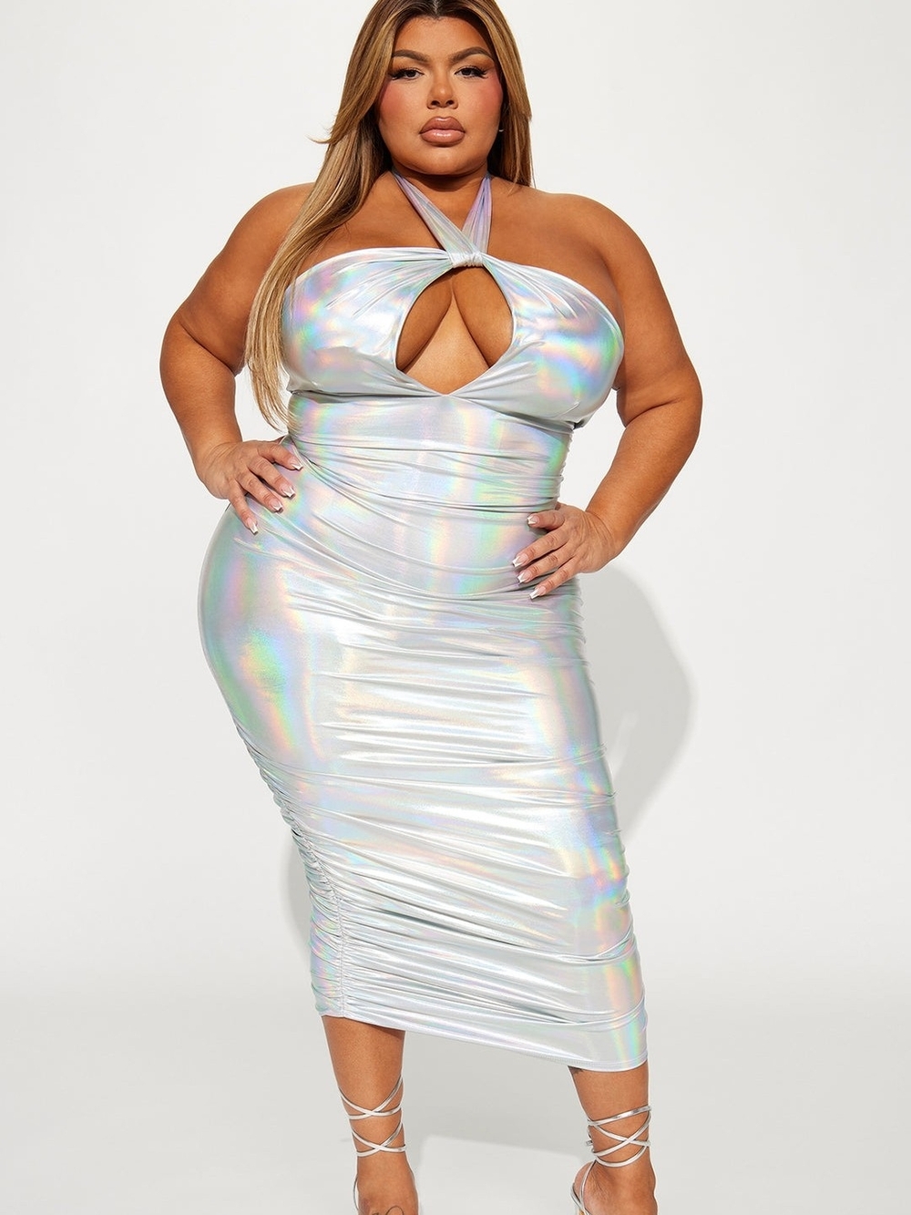 Fashion Nova Curve Holographic Twist Halter Midi Dress - Silver Iridescent